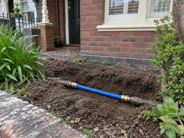 Exposed blue repaired water pipe in a front yard trench beside a brick house in Marrickville